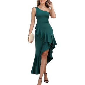 Women's One Shoulder Dress Sleeveless Midi Dresses Asymmetric Ruffle Bodycon Cocktail Party Dress