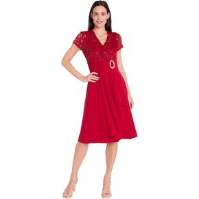 R&M Richards Women's Embellished Cascade Faux Wrap Dress