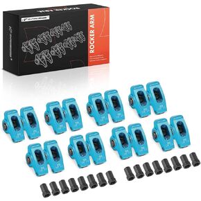 A-premium 16pcs الأزرق من الألومنيوم أحادي اللون الأسلحة الروك مع محامل الإبرة متوافقة مع Chevy SBC 350 ، نسبة 1.5 ، 3/8 "ترصيع