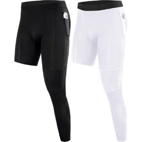 Roadbox Men's Basketball One Leg Tights, 1/2 Single Leg Compression Pants Sports Base Layer Leggings Underwear with Pockets