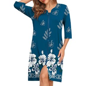 SWOMOG Women House Dress Nightgowns Duster Housecoat Zipper Robe Soft Sleepwear with Pockets