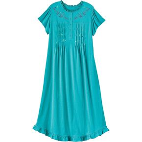 AmeriMark Women's Embroidered Knit Night Gown Long Partial Button Front Dress Celadon - Mid Calf 2X