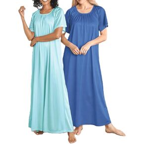 Lightgowns Tricot الطويلة للسيدات Amerimark مع خط عنق مرن ، وأكمام رفرفة ، ومتقلة البوليستر ، وآلة قابلة للغسل