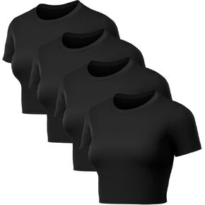 Coume 4 Pack Women's Compression Crop Tops Dry Fit Short Sleeve T Shirt Crew Neck Workout Athletic Shirt Yoga Tight Basic Tee