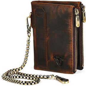 Oil Wax Genuine Leather Travel Gift Coin Pocket Card Case Vertical Chain Rfid Wallet Purse With Snap For Men Male 1802 (Brown)