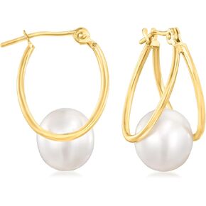 Ross-Simons 8-9mm Cultured Pearl Double-Hoop Earrings in 14kt Yellow Gold. 3/4