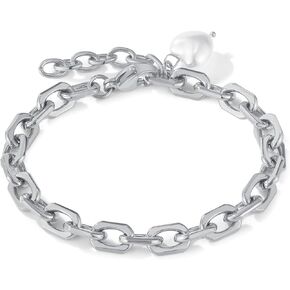 VJOSA Fashion Simple Stainless Steel Faux Pearl Heart Charm Link Chain Bracelet