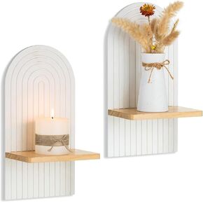 White Boho Wall Candle Holder - Mid Century Candle Sconces Set of 2 for Pillar Candles - Wood Modern Minimalist Rainbow Arch Decor Beside Fireplace TV