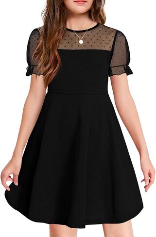 Haloumoning Girls Contrast Mesh Puff Short Sleeve Dress Kids High Waist A Line Casual Dresses with Pockets 4-14 Years in Saudi Arabia
