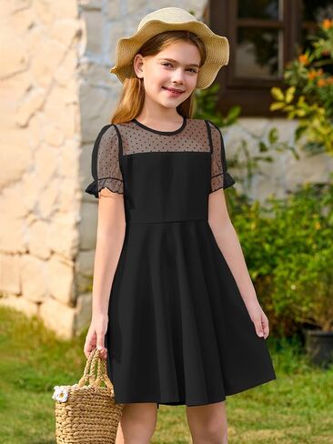 Haloumoning Girls Contrast Mesh Puff Short Sleeve Dress Kids High Waist A Line Casual Dresses with Pockets 4-14 Years in Saudi Arabia