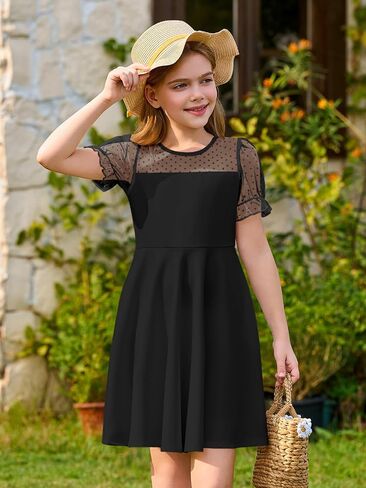 Haloumoning Girls Contrast Mesh Puff Short Sleeve Dress Kids High Waist A Line Casual Dresses with Pockets 4-14 Years in Saudi Arabia
