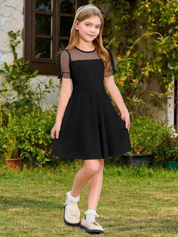 Haloumoning Girls Contrast Mesh Puff Short Sleeve Dress Kids High Waist A Line Casual Dresses with Pockets 4-14 Years in Saudi Arabia