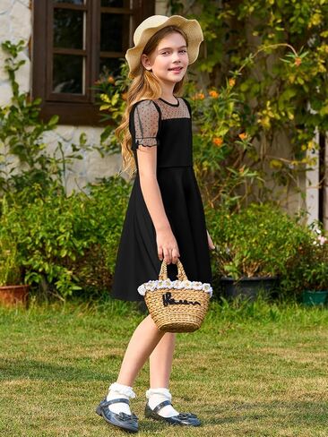 Haloumoning Girls Contrast Mesh Puff Short Sleeve Dress Kids High Waist A Line Casual Dresses with Pockets 4-14 Years in Saudi Arabia