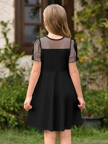 Haloumoning Girls Contrast Mesh Puff Short Sleeve Dress Kids High Waist A Line Casual Dresses with Pockets 4-14 Years in Saudi Arabia
