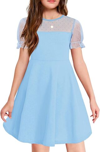 Haloumoning Girls Contrast Mesh Puff Short Sleeve Dress Kids High Waist A Line Casual Dresses with Pockets 4-14 Years in Saudi Arabia