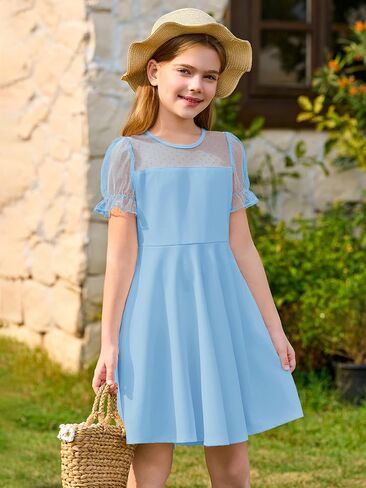 Haloumoning Girls Contrast Mesh Puff Short Sleeve Dress Kids High Waist A Line Casual Dresses with Pockets 4-14 Years in Saudi Arabia