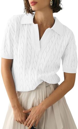 Women's Short Sleeve Pullover Sweaters Casual 2025 Summer Tops Cable Knit Solid Lapel V Neck Sweater in Kuwait