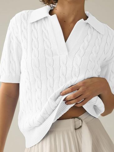 Women's Short Sleeve Pullover Sweaters Casual 2025 Summer Tops Cable Knit Solid Lapel V Neck Sweater in Kuwait