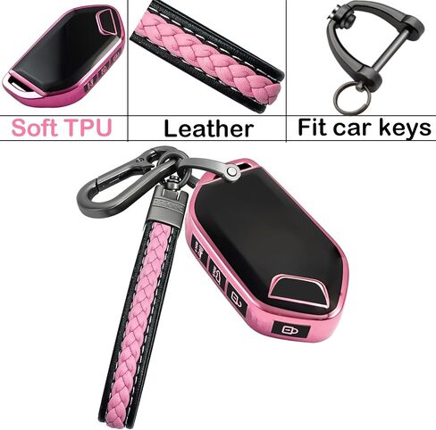 لغطاء KIA Key Fob مع سلسلة مفاتيح معدنية/جلدية ، حالة مفتاح TPU ، متوافق مع 2023 2024 Telluride ECT SMART KEY ، 5 أزرار وردية in Kuwait