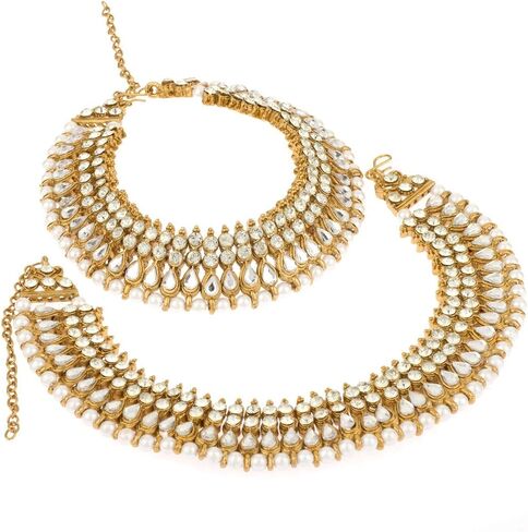 Efulgenz Indian Bridal Gold Tone Anklets for Women Indian Bollywood Anklet Crystal Rhinestone Faux Kundan Pearl Wedding Bridal Anklet Set Bracelet Payal Foot Jewelry in Saudi Arabia