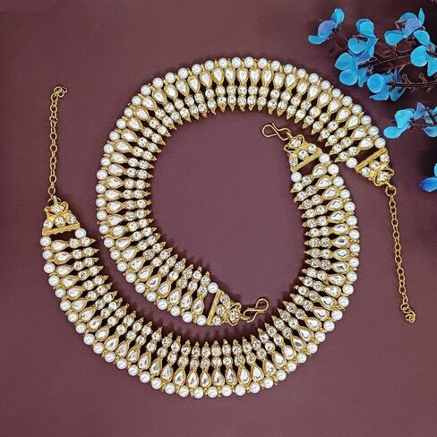 Efulgenz Indian Bridal Gold Tone Anklets for Women Indian Bollywood Anklet Crystal Rhinestone Faux Kundan Pearl Wedding Bridal Anklet Set Bracelet Payal Foot Jewelry in Saudi Arabia