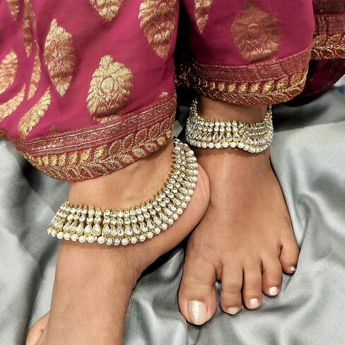 Efulgenz Indian Bridal Gold Tone Anklets for Women Indian Bollywood Anklet Crystal Rhinestone Faux Kundan Pearl Wedding Bridal Anklet Set Bracelet Payal Foot Jewelry in Saudi Arabia