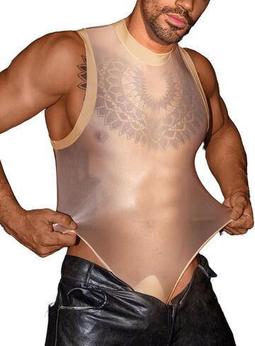 Sexy Glossy Mens Lingerie Sheer, Snap Crotch Thong Leotard High Cut Muscle Suit, Mesh Rave Bodysuit Top Club Outfits in Saudi Arabia
