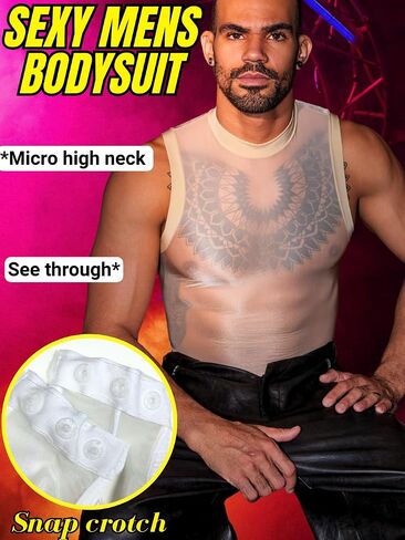Sexy Glossy Mens Lingerie Sheer, Snap Crotch Thong Leotard High Cut Muscle Suit, Mesh Rave Bodysuit Top Club Outfits in Saudi Arabia