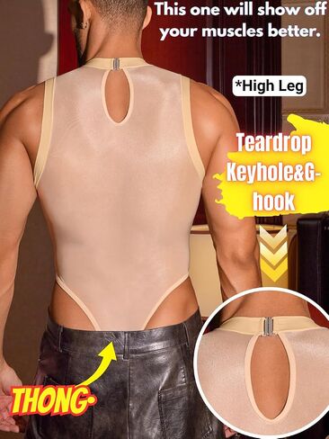 Sexy Glossy Mens Lingerie Sheer, Snap Crotch Thong Leotard High Cut Muscle Suit, Mesh Rave Bodysuit Top Club Outfits in Saudi Arabia