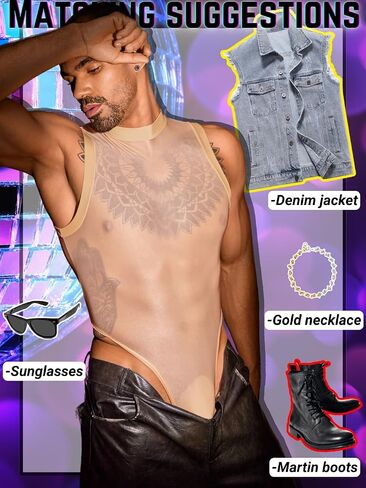 Sexy Glossy Mens Lingerie Sheer, Snap Crotch Thong Leotard High Cut Muscle Suit, Mesh Rave Bodysuit Top Club Outfits in Saudi Arabia