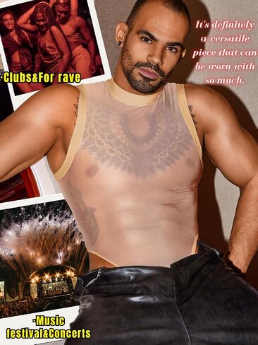 Sexy Glossy Mens Lingerie Sheer, Snap Crotch Thong Leotard High Cut Muscle Suit, Mesh Rave Bodysuit Top Club Outfits in Saudi Arabia