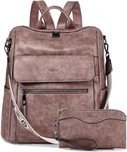 VASCHY Backpack Purse for Women, Large Vegan Leather Backpack Purse with Wallet Pouch Set Convertible Handbag for Ladies Guitar Strap Pink in Kuwait