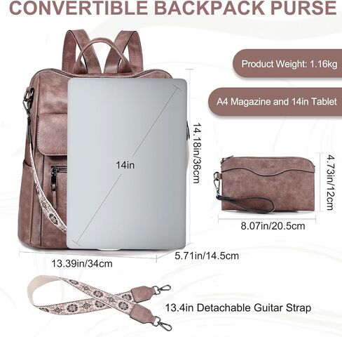 VASCHY Backpack Purse for Women, Large Vegan Leather Backpack Purse with Wallet Pouch Set Convertible Handbag for Ladies Guitar Strap Pink in Kuwait