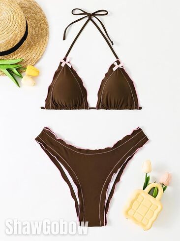 Bow Coquette Swimsuit,Low Rise Cheeky Bikini Sets for Women,2000s Cute Bikinis Tanning Pool Party in Kuwait