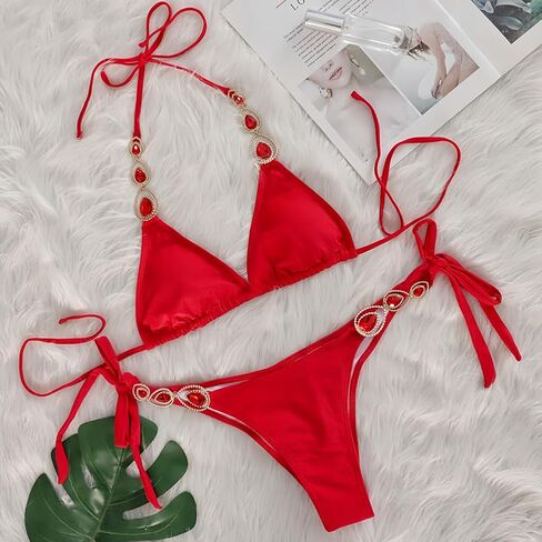YIMISAN Women Two Piece Swimsuit String Halter Crystal Shinny Triangle Bikini Sets Sexy Swimwear Bathing Suit in Saudi Arabia