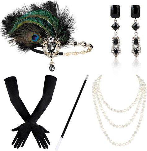 1920s Flapper Costume Accessories Set for Women, Great Gatsby Costume Roaring 20s Accessories Set with Headpiece in Saudi Arabia