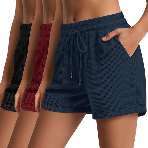Neer 3 Pack Women's Waffle Knit Shorts High Waist Loose Drawstring Casual Summer Lightweight Soft Pants with Pockets in Saudi Arabia