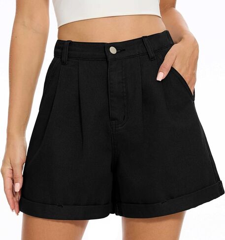 QUEZHU Women Denim Pleated High Waist Jean Shorts 2025 Summer Causal with Pockets in Saudi Arabia