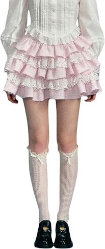 Lolita Kawaii Skirt Women Teen Girl Sweet Cute Ruffle Layered Mini Skirt Y2K High Waist Lace Cake Skirts in Saudi Arabia