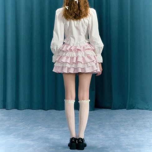 Lolita Kawaii Skirt Women Teen Girl Sweet Cute Ruffle Layered Mini Skirt Y2K High Waist Lace Cake Skirts in Saudi Arabia
