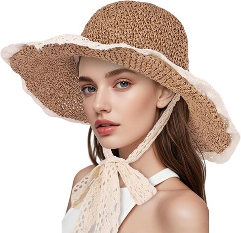 Women Straw Hat with Lace Girl Summer Wide Brim Sun Hat Foldable Beach Travel Roll Up Cap Elegant Crochet Straw Hat in Kuwait
