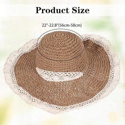 Women Straw Hat with Lace Girl Summer Wide Brim Sun Hat Foldable Beach Travel Roll Up Cap Elegant Crochet Straw Hat in Kuwait