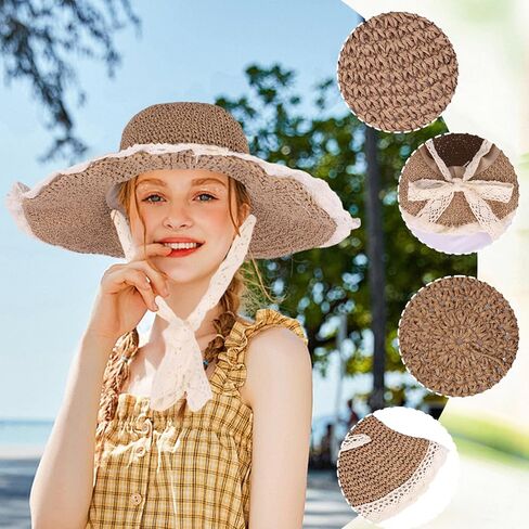 Women Straw Hat with Lace Girl Summer Wide Brim Sun Hat Foldable Beach Travel Roll Up Cap Elegant Crochet Straw Hat in Kuwait