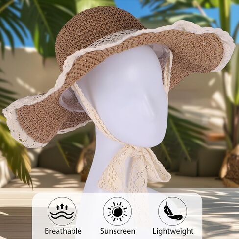 Women Straw Hat with Lace Girl Summer Wide Brim Sun Hat Foldable Beach Travel Roll Up Cap Elegant Crochet Straw Hat in Kuwait