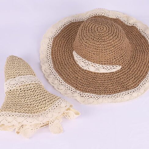 Women Straw Hat with Lace Girl Summer Wide Brim Sun Hat Foldable Beach Travel Roll Up Cap Elegant Crochet Straw Hat in Kuwait