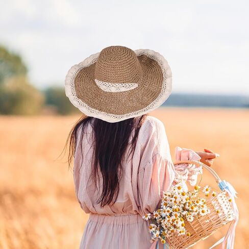 Women Straw Hat with Lace Girl Summer Wide Brim Sun Hat Foldable Beach Travel Roll Up Cap Elegant Crochet Straw Hat in Kuwait