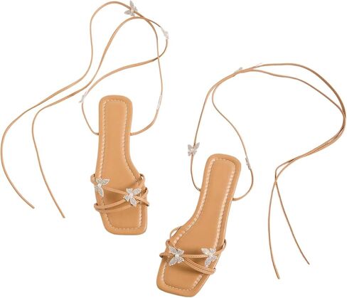 GORGLITTER Women's Sparkly Butterfly Lace Up Flat Sandals Criss Cross Strappy Tie Up Slide Sandals in Kuwait