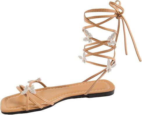 GORGLITTER Women's Sparkly Butterfly Lace Up Flat Sandals Criss Cross Strappy Tie Up Slide Sandals in Kuwait