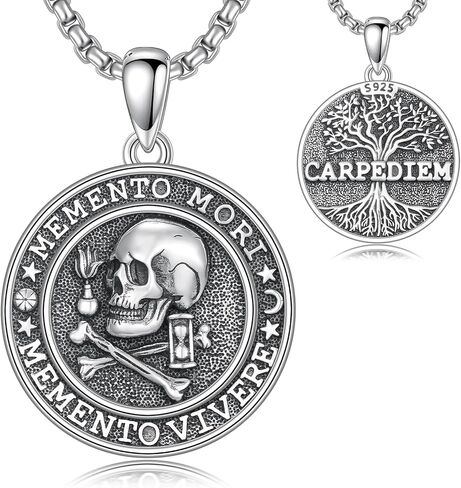 Memento Mori Necklace 925 Sterling Silver Skull Pendant Hourglass Tree of Life Memento Mori Jewelry Gifts for Men Women in Kuwait