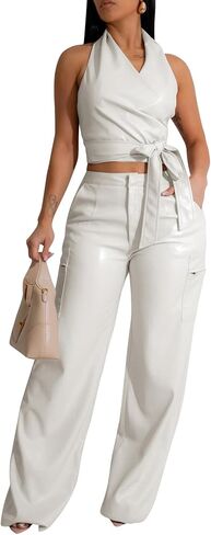 WOKANSE Womens PU Leather Stretchy 2 Piece Outfit Belted Sleeveless Halter Tops and Straight Leg Pants Set with Pocket in Kuwait